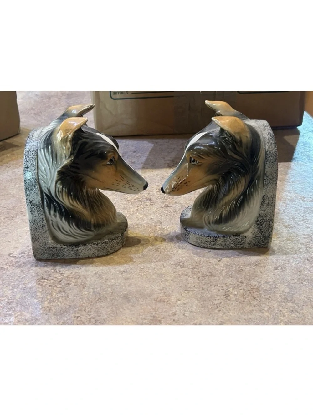 Vintage Collie Dog Head Bookends - Pair in Brown and Cream-no chips cracks EUC - Picture 6 of 13